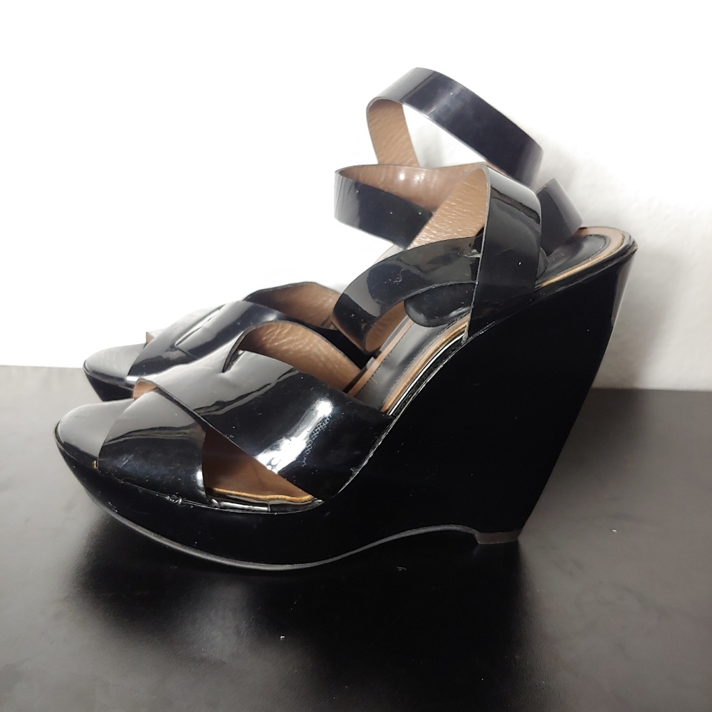 Marni Women's Patent Leather Wedge Sandals Black Sz 38 US 7